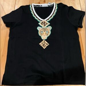 EUC Storybook Knits Black T-Shirt Leopard Embellishment Beads & Sequins Size L